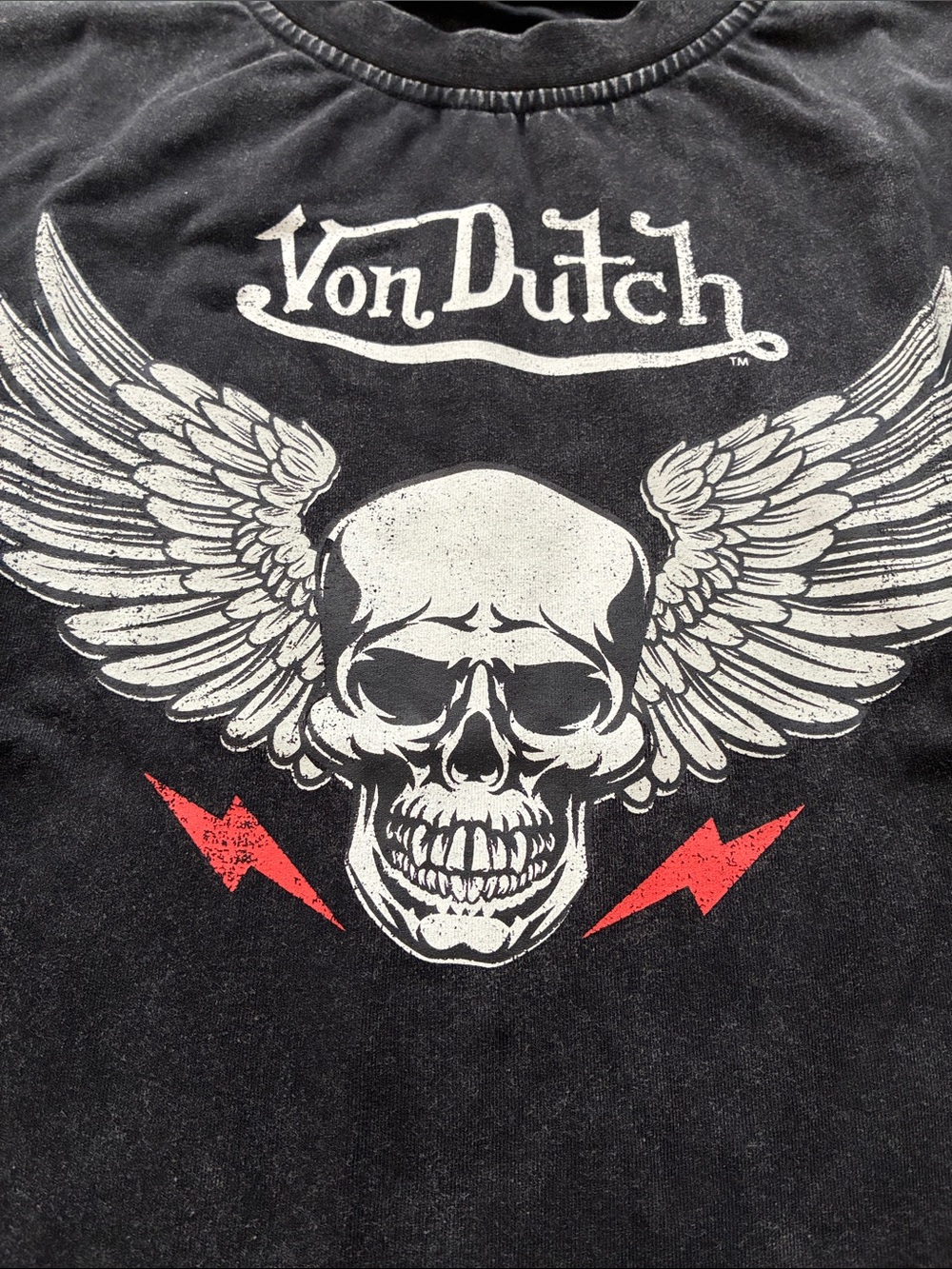 Von Dutch Women's Black vintage wash Short Sleeve Graphic Tee with Winged Skull - Picture 2 of 4